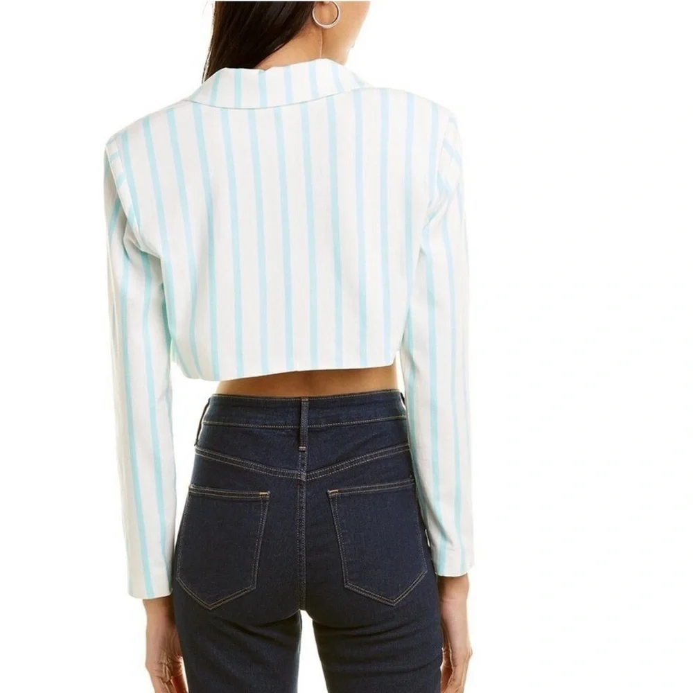 NWOT For Love and Lemons Aqua White Striped Cropped Linen Blazer Jacket Small - Picture 5 of 9